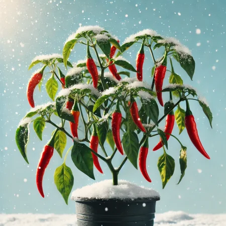 DALL·E 2024 10 03 13.56.39 A beautiful chili plant with plenty of green leaves and vibrant red chilies standing in the snow in a black pot. The plant has a small amount of snow